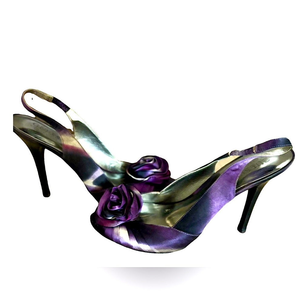 Guess by Marciano Satin Purple and White Tie Dye Rose Flower Peep-toe